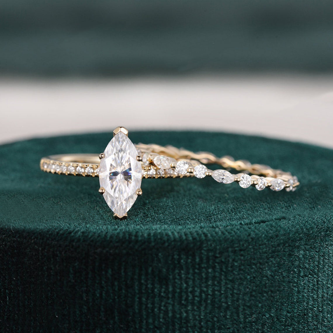 1.0 CT Marquise Cut Solitaire Pave Moissanite Bridal Ring Set - violetjewels
