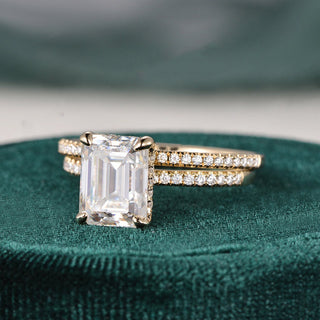 1.50 CT Emerald Cut Hidden Halo Moissanite Bridal Ring Set - violetjewels
