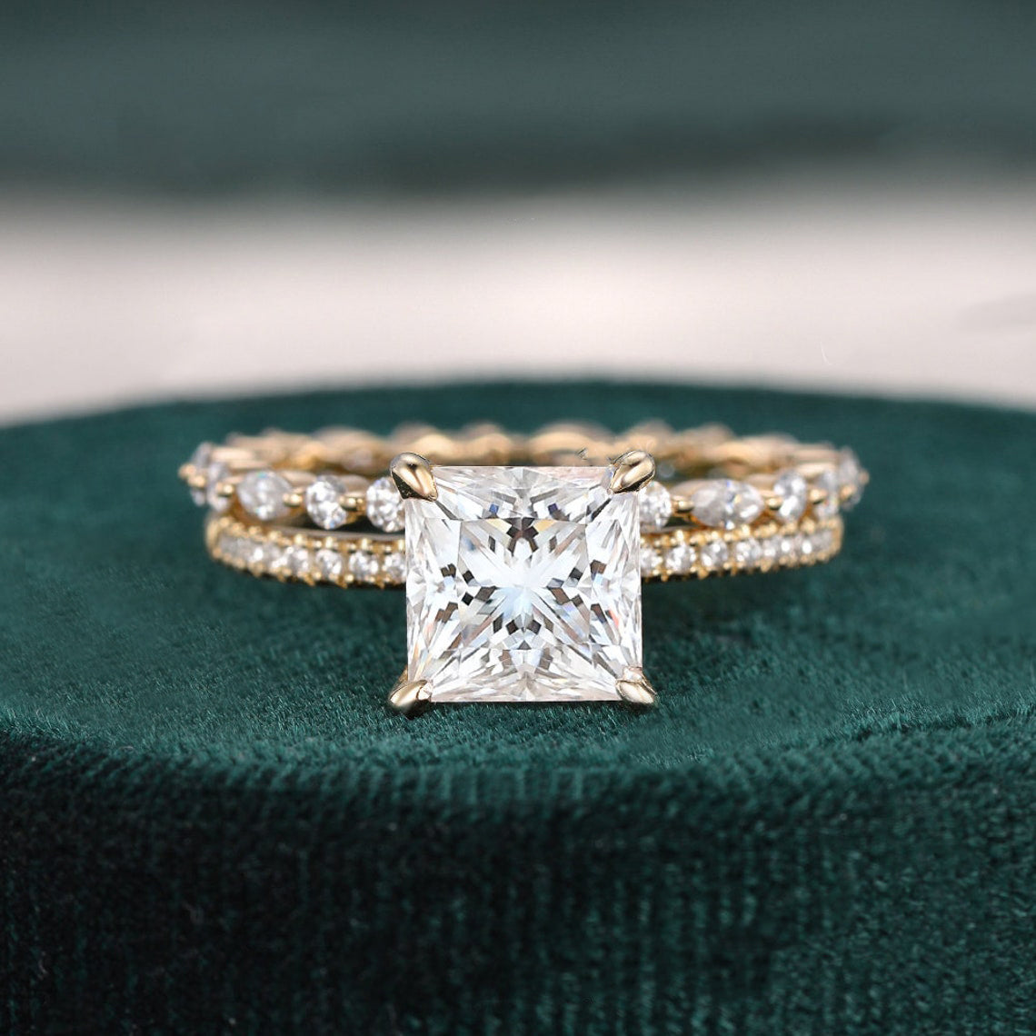 2.0 CT Princess Cut Solitaire Moissanite Bridal Ring Set - violetjewels