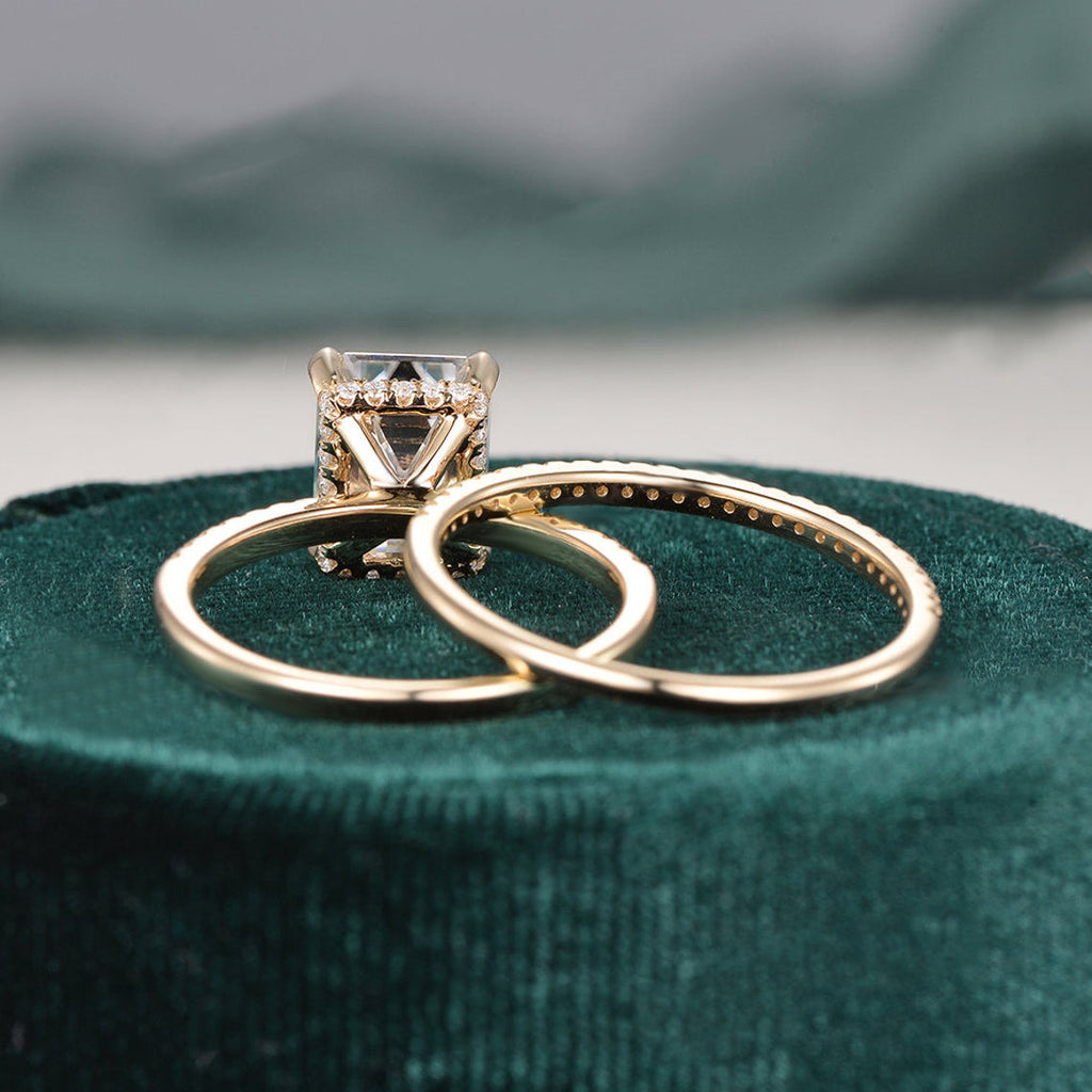 1.50 CT Emerald Cut Hidden Halo Moissanite Bridal Ring Set - violetjewels