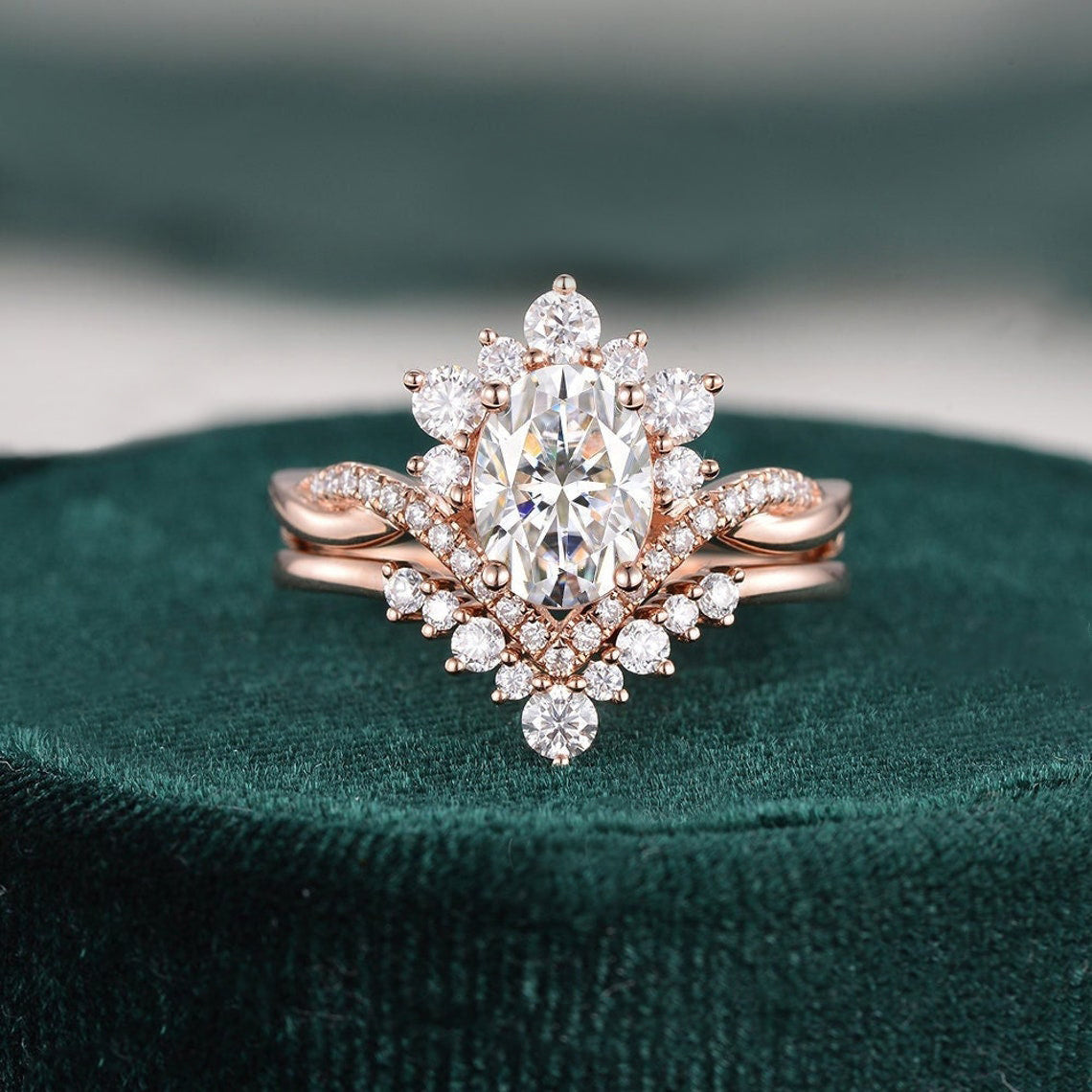 1.50 CT Oval Cut Cluster Moissanite Bridal Ring Set - violetjewels