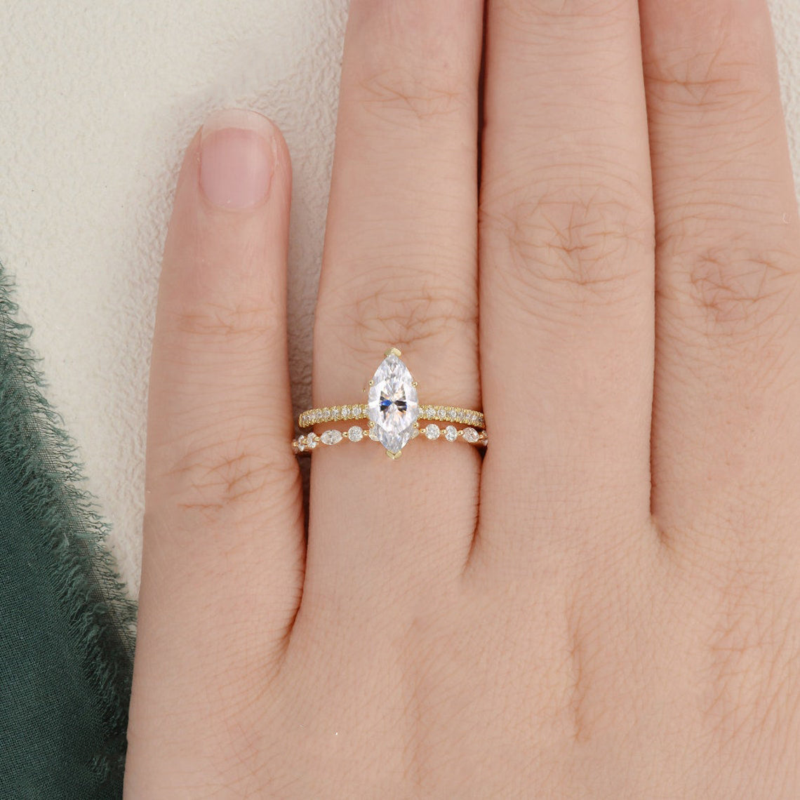 1.0 CT Marquise Cut Solitaire Pave Moissanite Bridal Ring Set - violetjewels