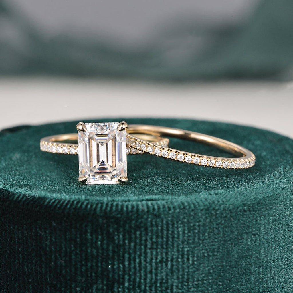 1.50 CT Emerald Cut Hidden Halo Moissanite Bridal Ring Set - violetjewels