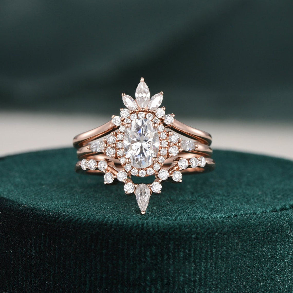 1.0 CT Oval Cut Cluster Halo Moissanite Bridal Ring Set - violetjewels