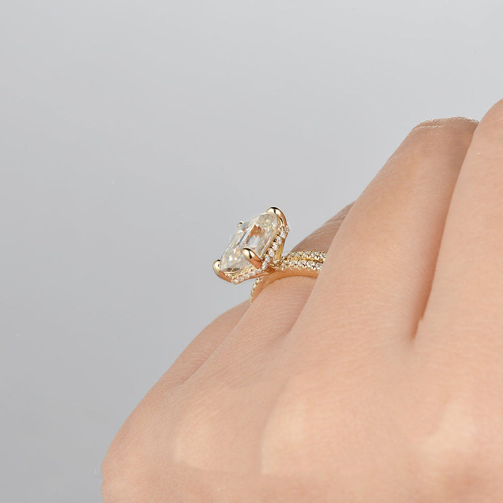 1.50 CT Emerald Cut Hidden Halo Moissanite Bridal Ring Set - violetjewels