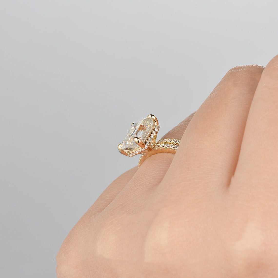 1.50 CT Emerald Cut Hidden Halo Moissanite Bridal Ring Set - violetjewels