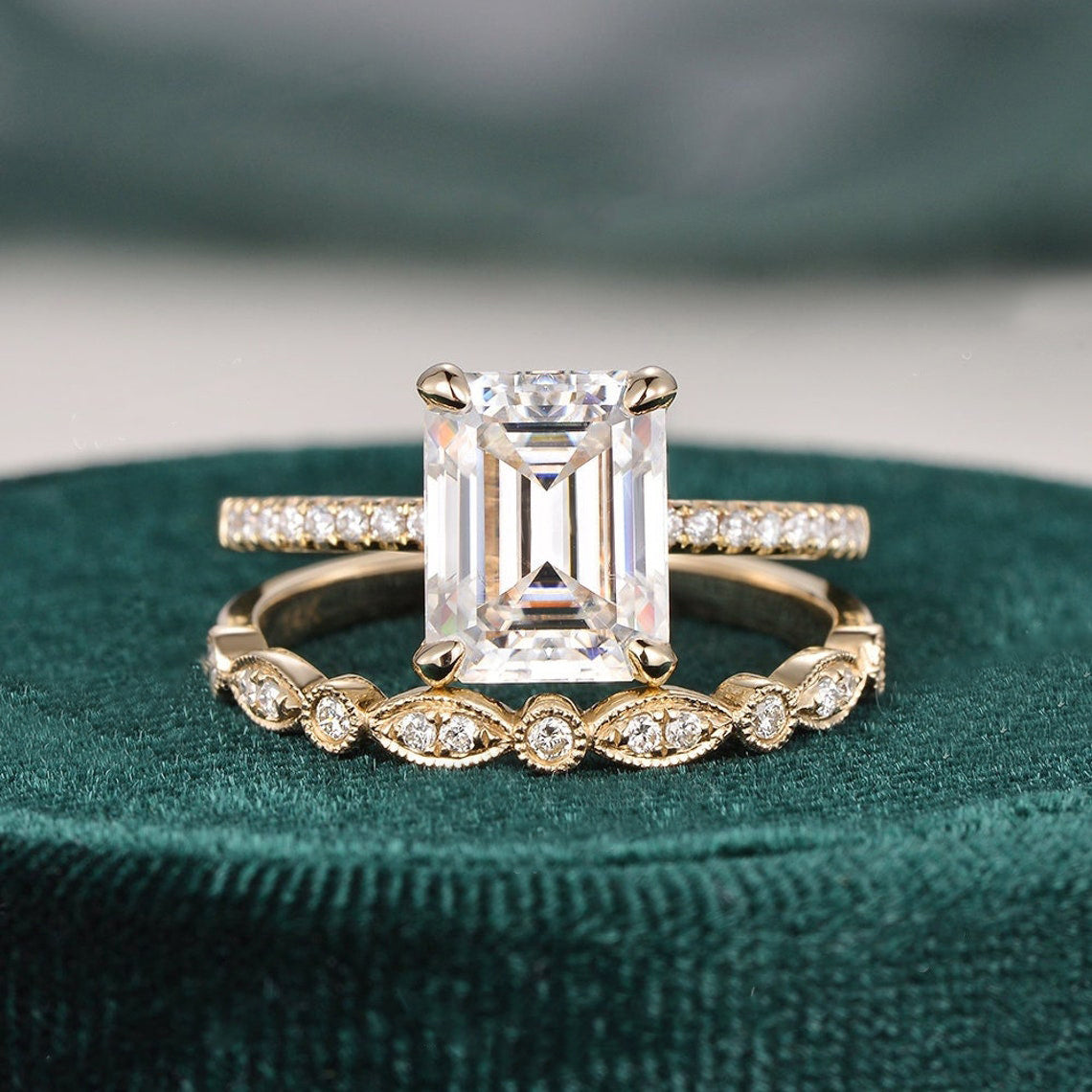 2.50 CT Emerald Cut Solitaire Style Moissanite Bridal Ring Set - violetjewels