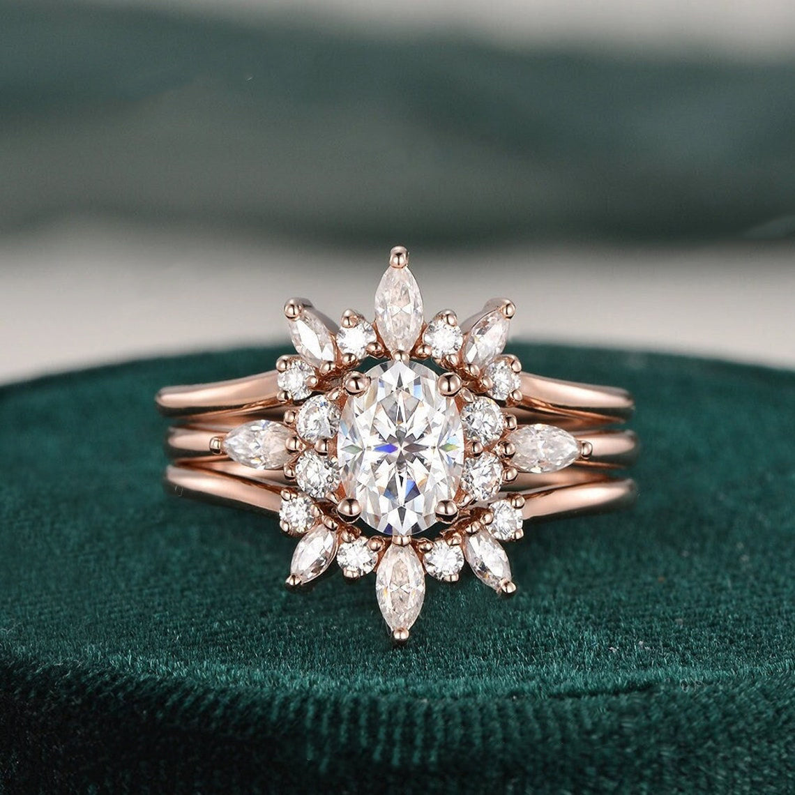 1.0 CT Oval Cut Cluster Moissanite Bridal Ring Set - violetjewels