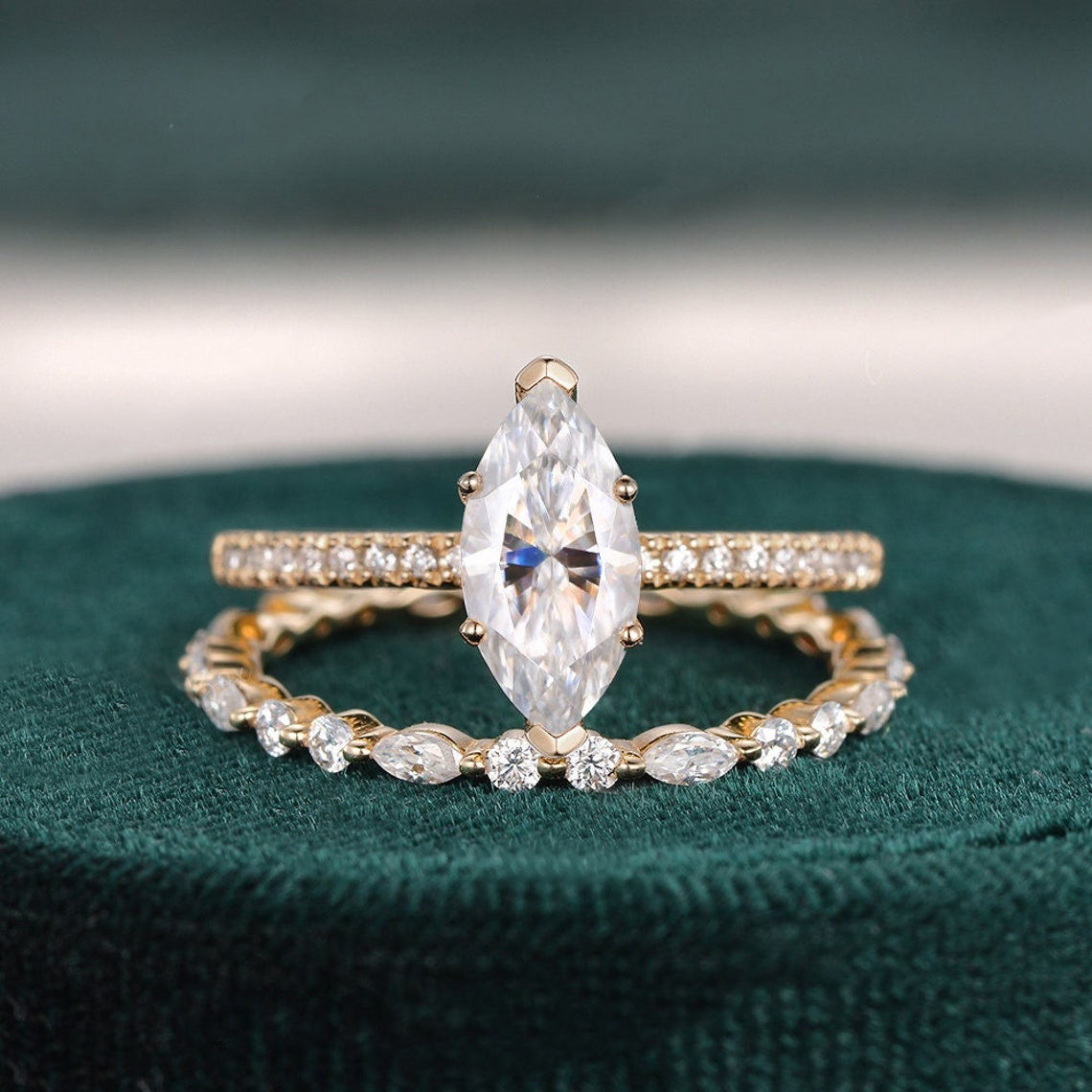 1.0 CT Marquise Cut Solitaire Pave Moissanite Bridal Ring Set - violetjewels