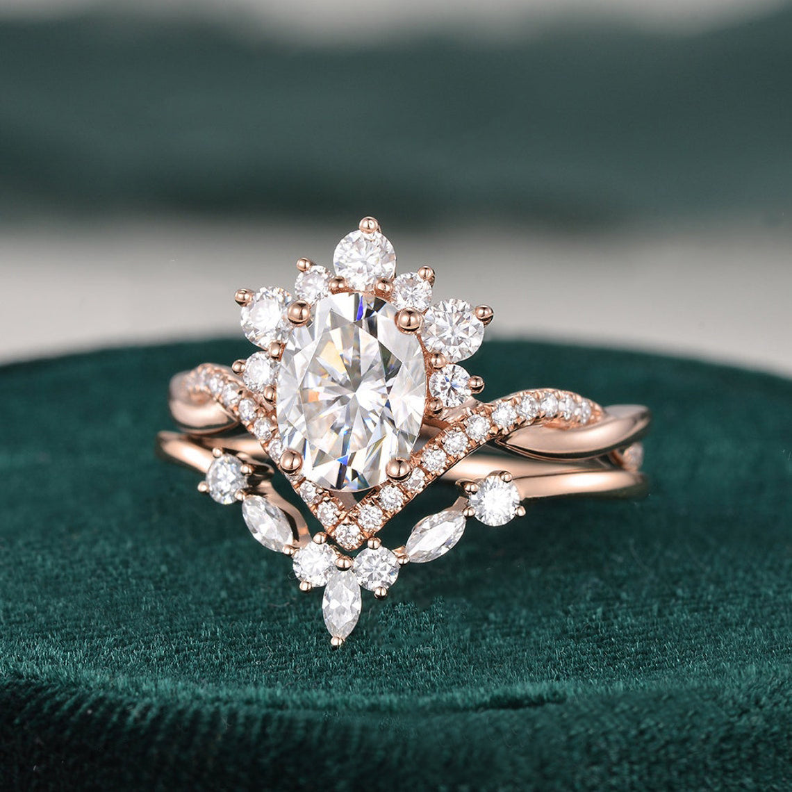 1.50 CT Oval Cut Twisted Art Deco Moissanite Bridal Ring Set - violetjewels