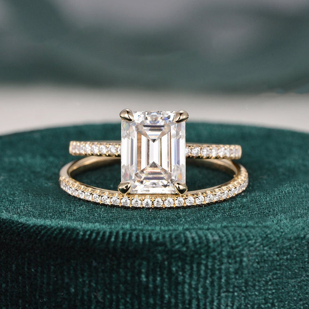 1.50 CT Emerald Cut Hidden Halo Moissanite Bridal Ring Set - violetjewels