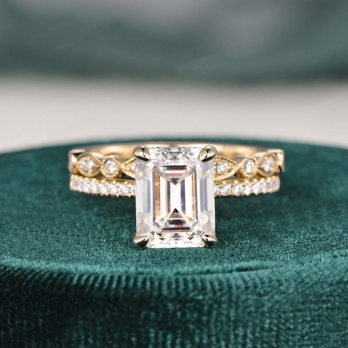 2.50 CT Emerald Cut Solitaire Style Moissanite Bridal Ring Set - violetjewels