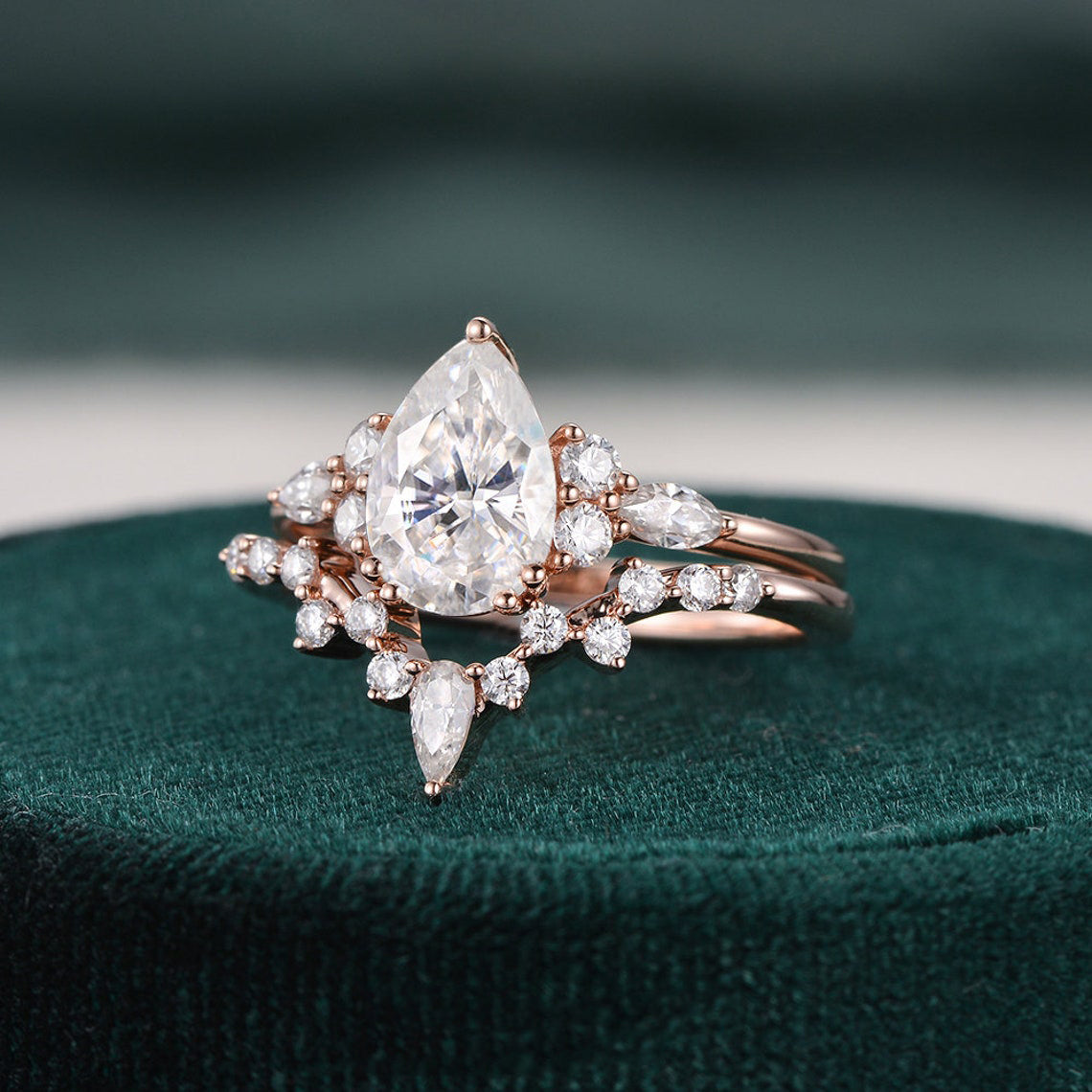 1.50 CT Pear Cut Cluster Moissanite Bridal Ring Set - violetjewels