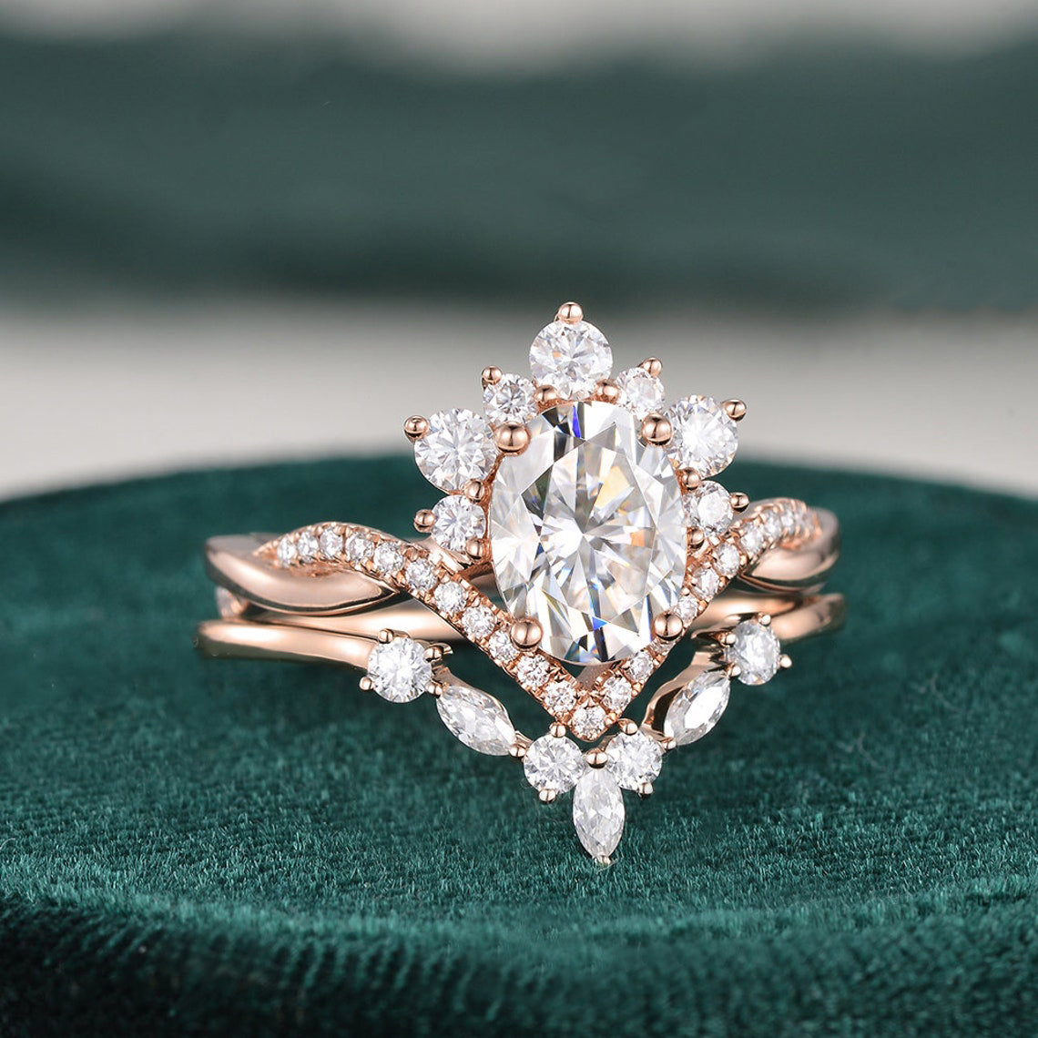 1.50 CT Oval Cut Twisted Art Deco Moissanite Bridal Ring Set - violetjewels
