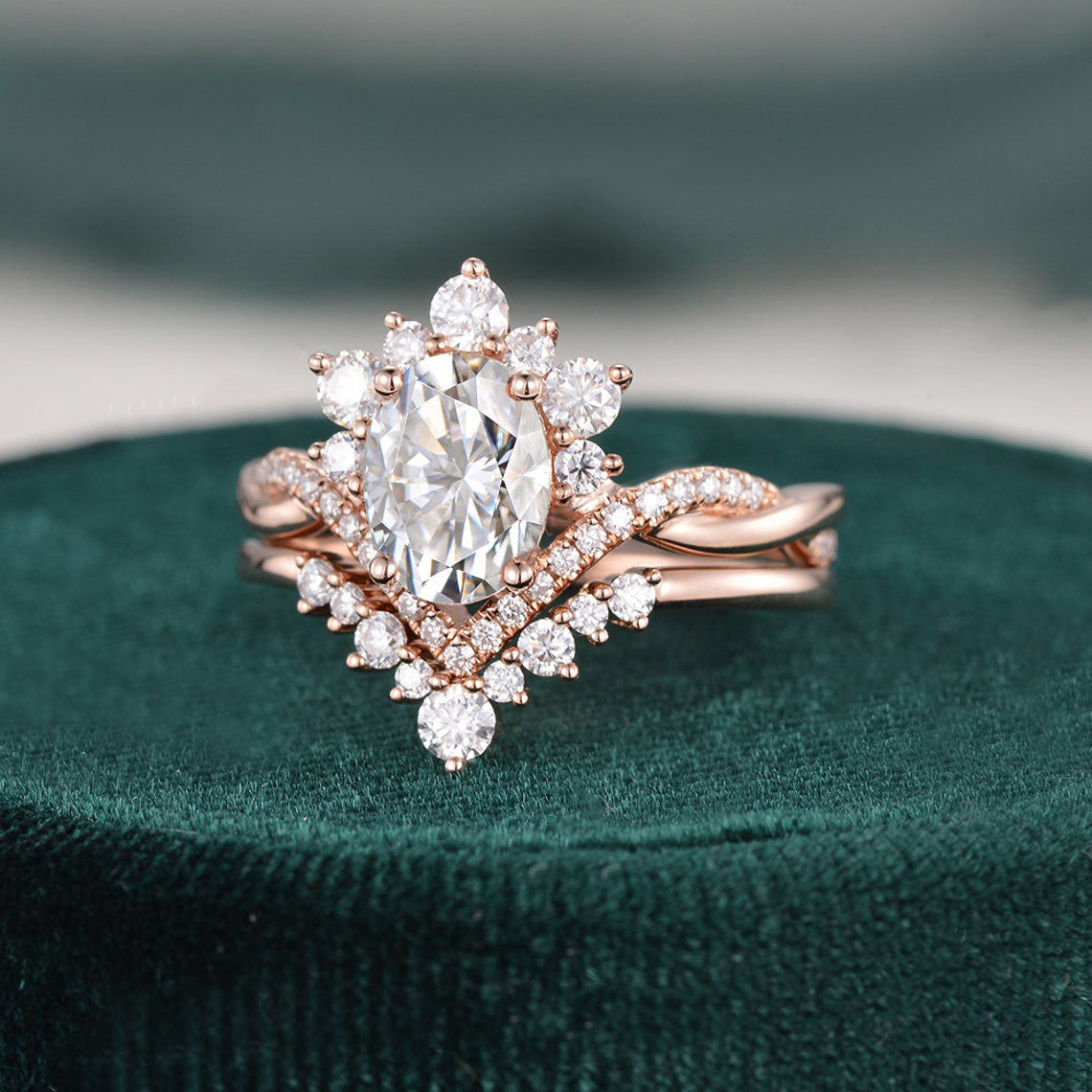 1.50 CT Oval Cut Cluster Moissanite Bridal Ring Set - violetjewels