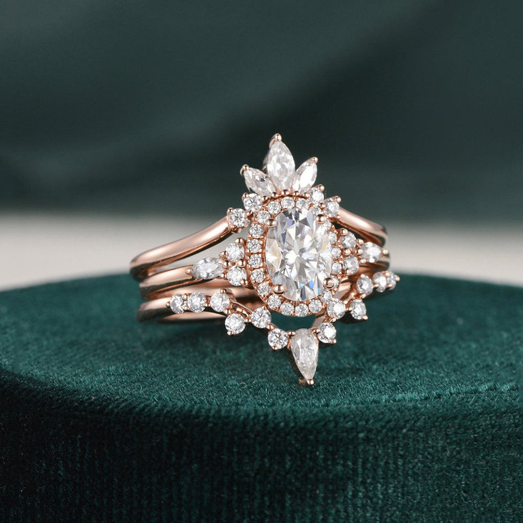 1.0 CT Oval Cut Cluster Halo Moissanite Bridal Ring Set - violetjewels