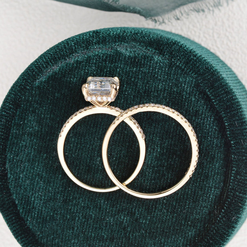 1.50 CT Emerald Cut Hidden Halo Moissanite Bridal Ring Set - violetjewels