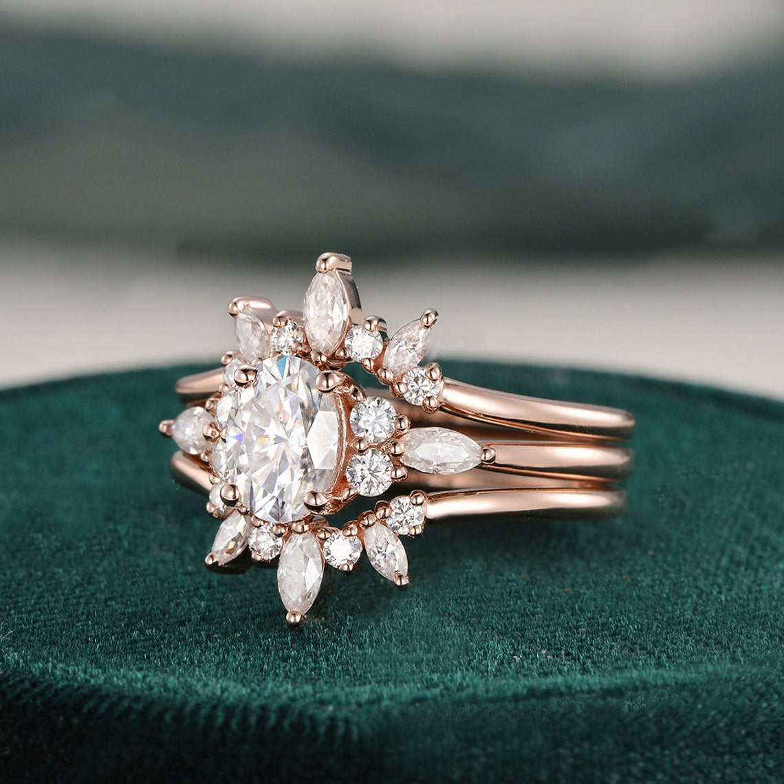 1.0 CT Oval Cut Cluster Moissanite Bridal Ring Set - violetjewels
