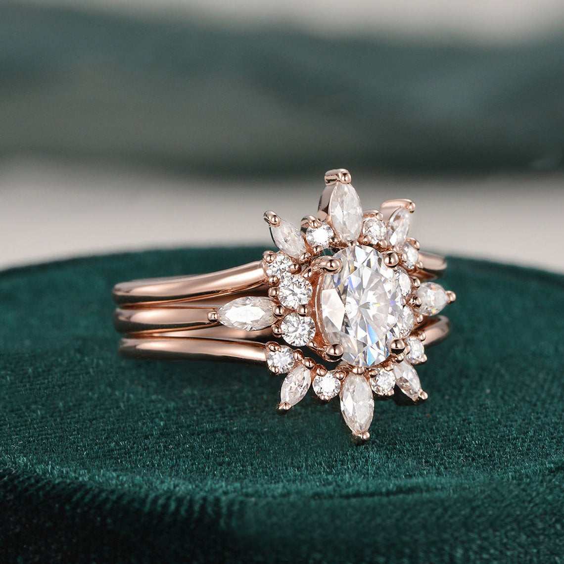 1.0 CT Oval Cut Cluster Moissanite Bridal Ring Set - violetjewels