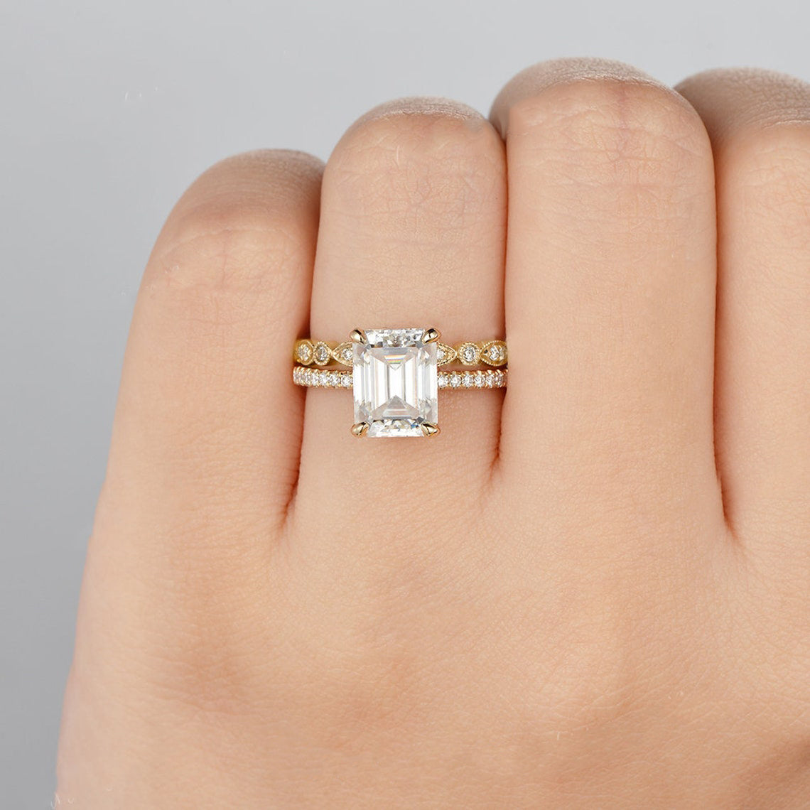 2.50 CT Emerald Cut Solitaire Style Moissanite Bridal Ring Set - violetjewels