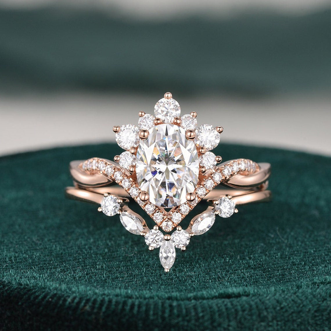 1.50 CT Oval Cut Twisted Art Deco Moissanite Bridal Ring Set - violetjewels