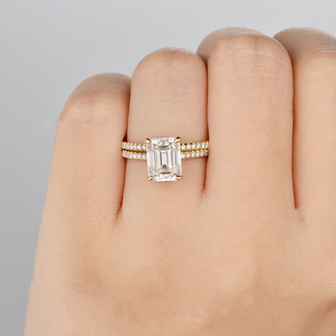 1.50 CT Emerald Cut Hidden Halo Moissanite Bridal Ring Set - violetjewels