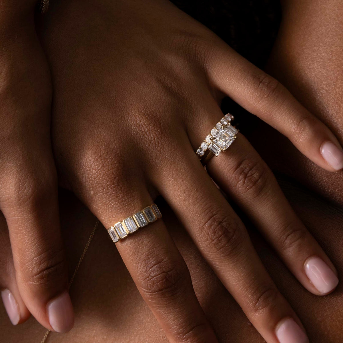 Asscher Diamond Baguette Three Stone Engagement Ring