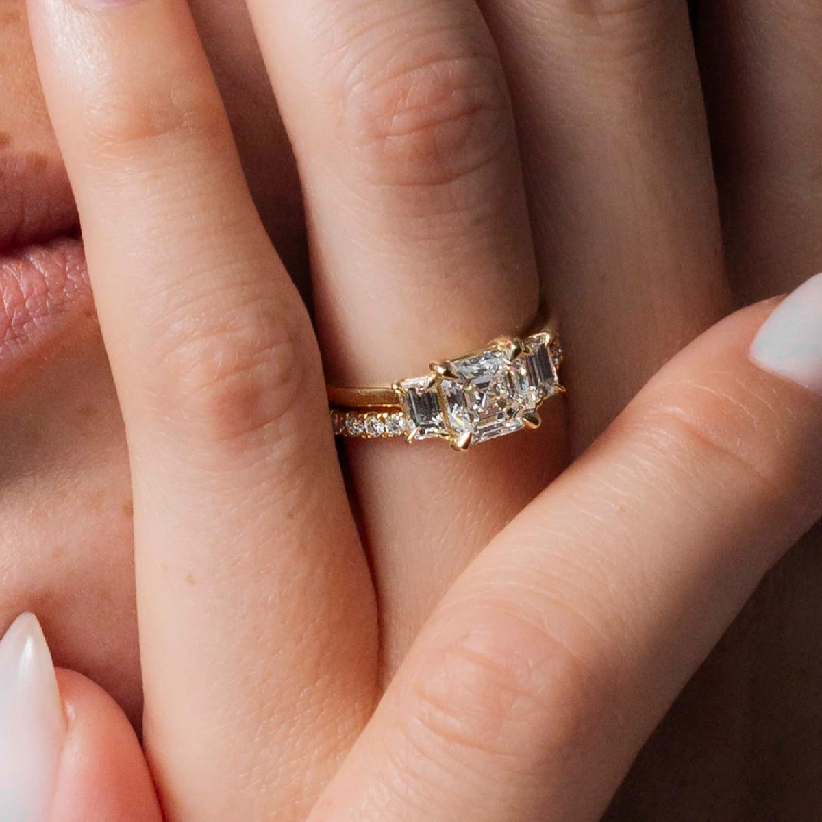 Asscher Diamond Baguette Three Stone Engagement Ring
