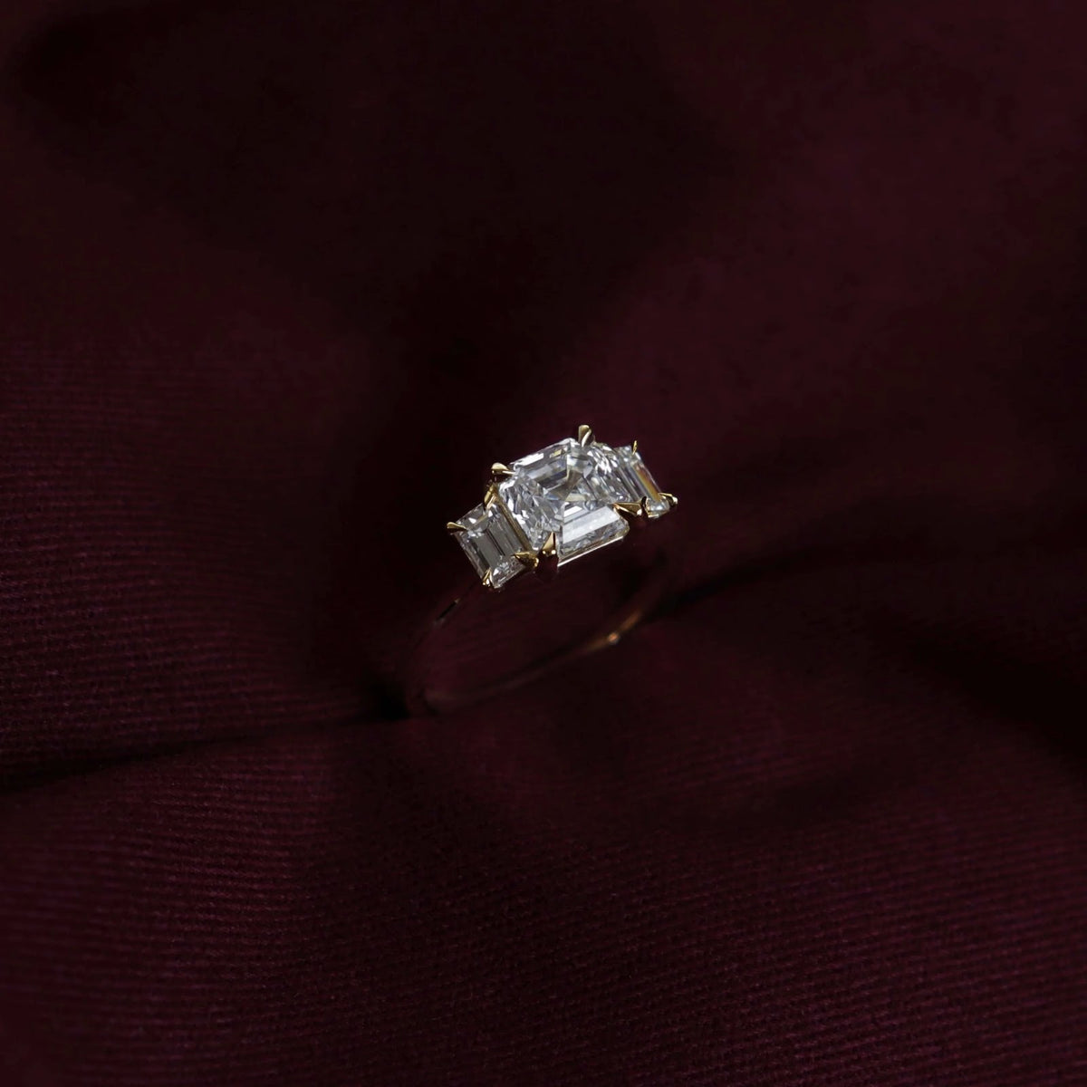 Asscher Diamond Baguette Three Stone Engagement Ring