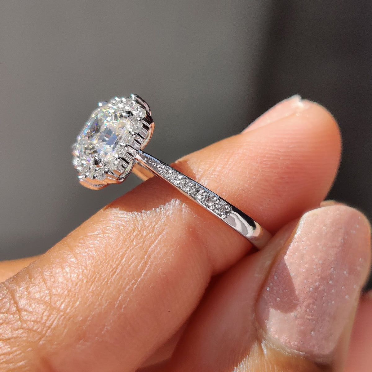 Asscher Diamond Refined Halo Tapered Pavé Engagement Ring