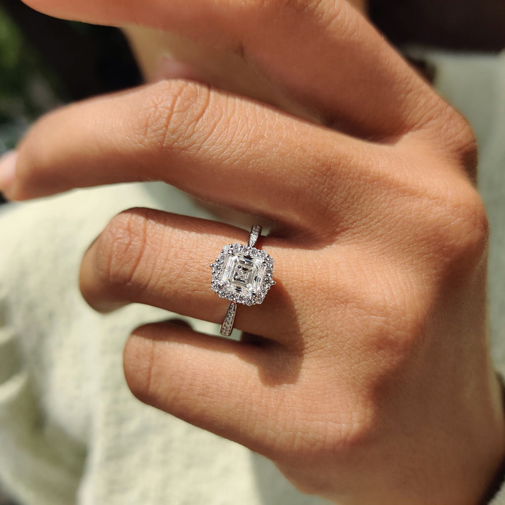 Asscher Diamond Refined Halo Tapered Pavé Engagement Ring