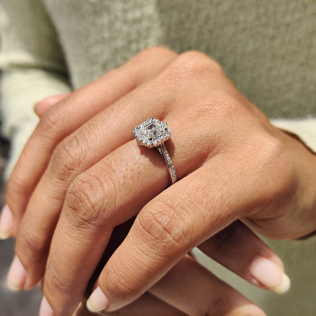 Asscher Diamond Refined Halo Tapered Pavé Engagement Ring