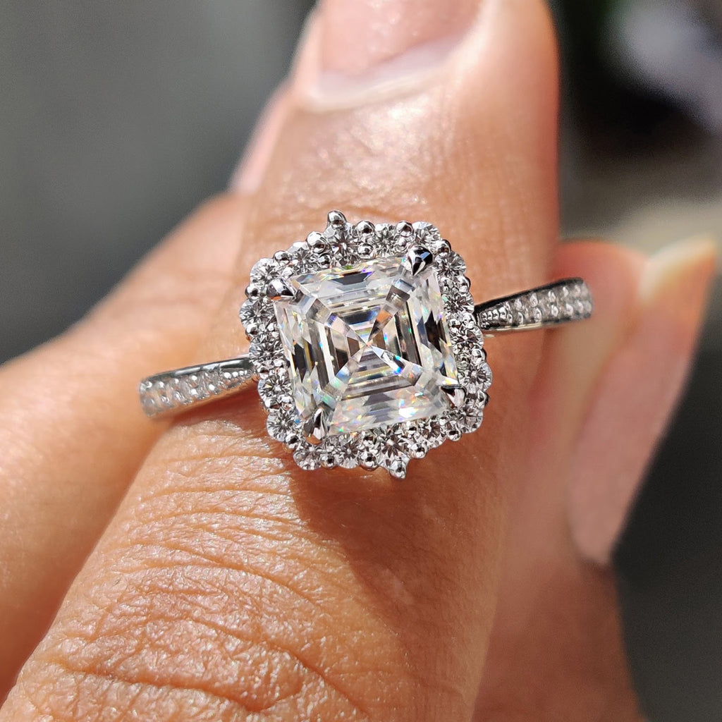 Asscher Diamond Refined Halo Tapered Pavé Engagement Ring