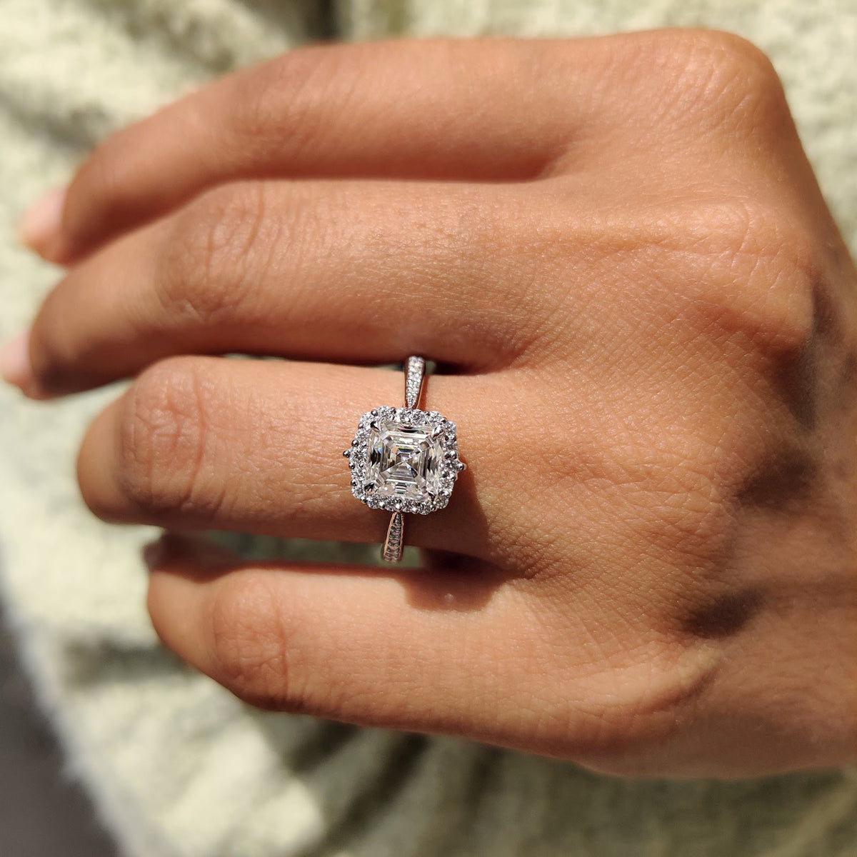 Asscher Diamond Refined Halo Tapered Pavé Engagement Ring