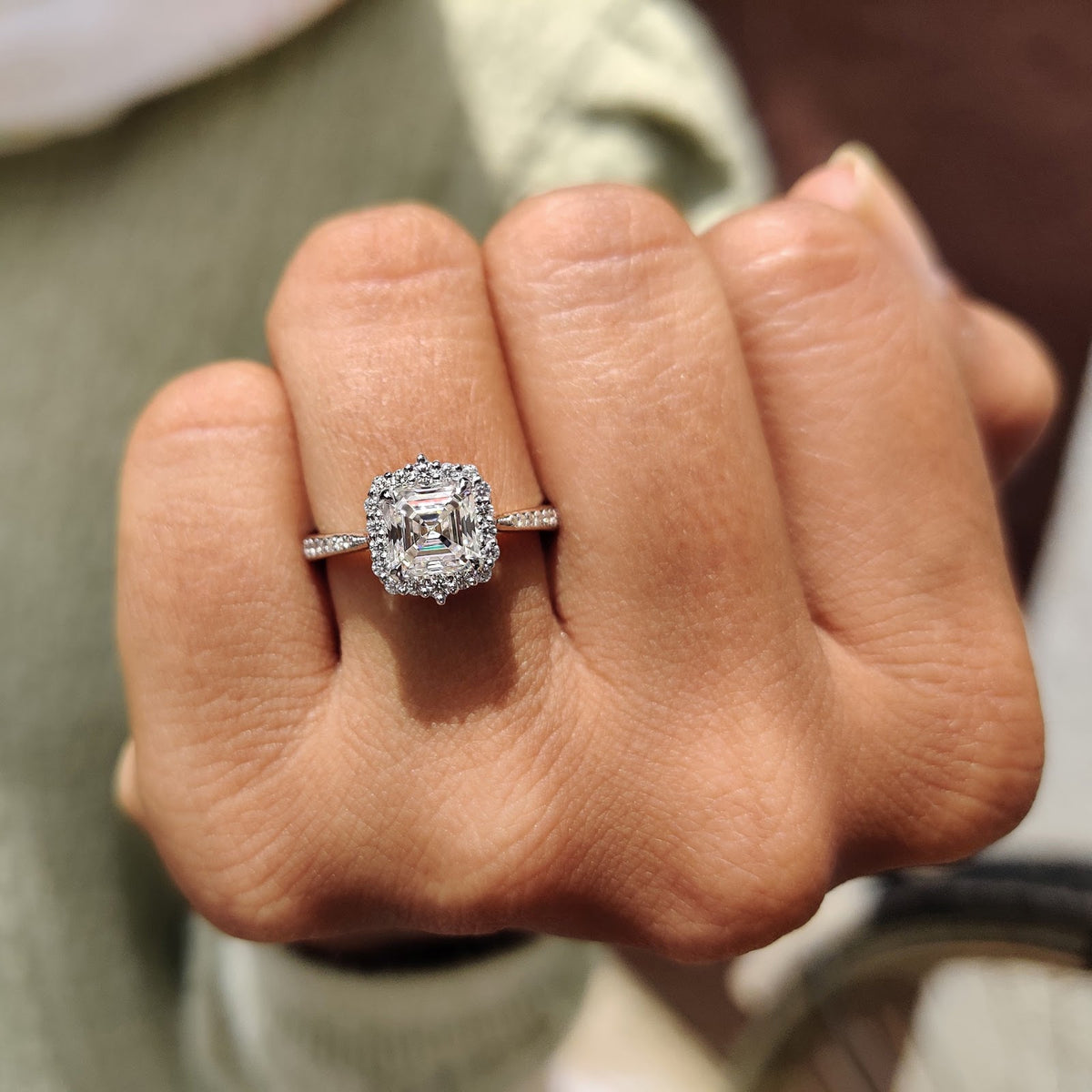 Asscher Diamond Refined Halo Tapered Pavé Engagement Ring