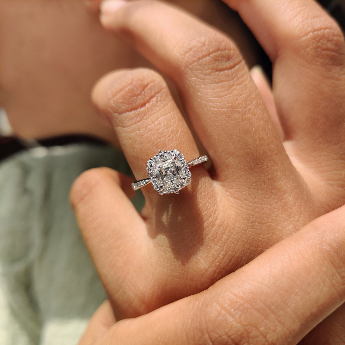 Asscher Diamond Refined Halo Tapered Pavé Engagement Ring