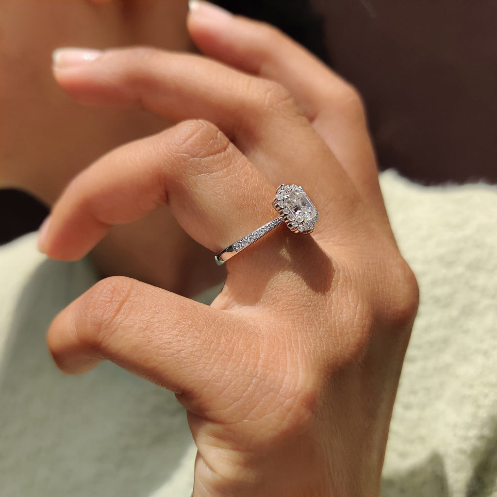 Asscher Diamond Refined Halo Tapered Pavé Engagement Ring
