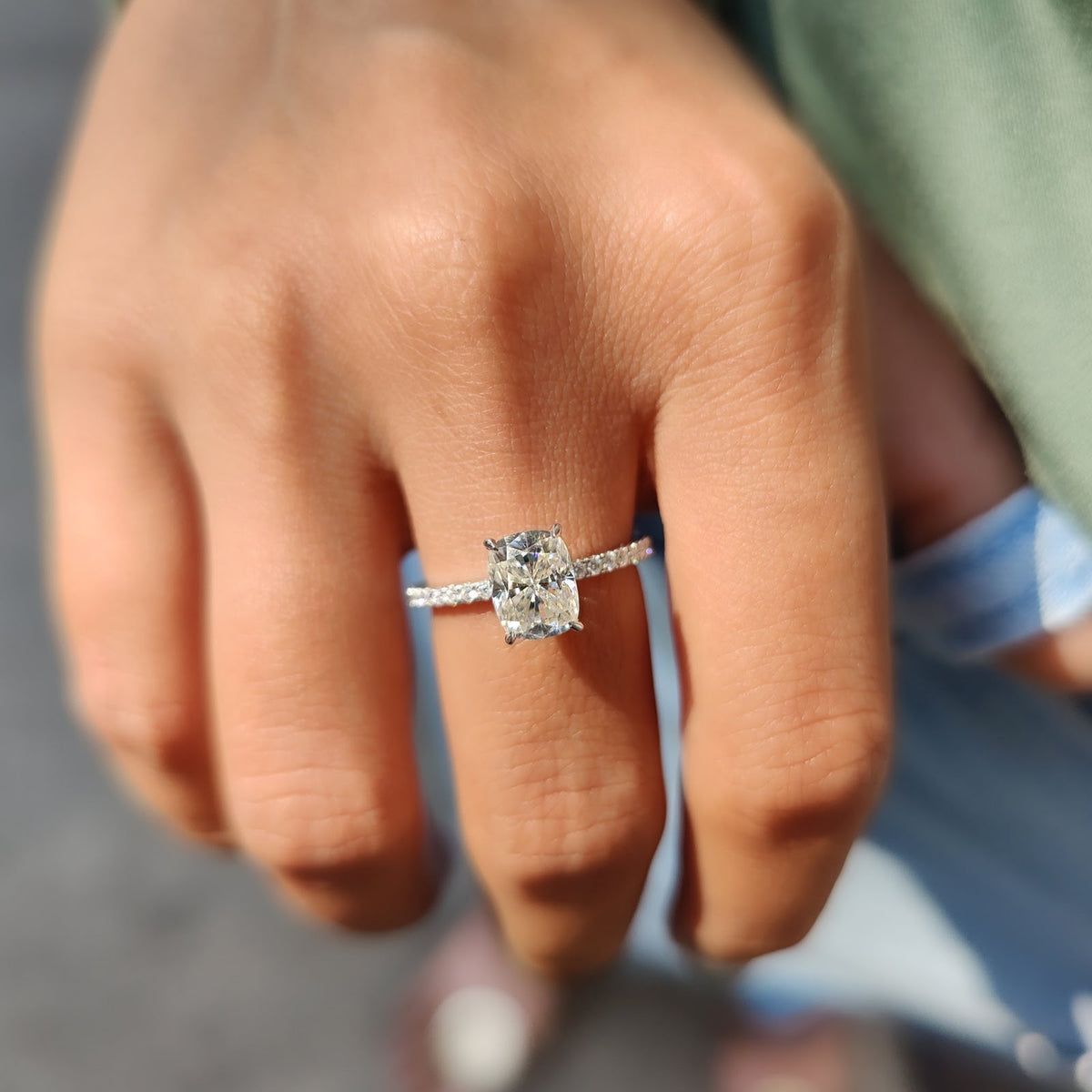 Cushion Diamond Fine Pavé Band Engagement Ring