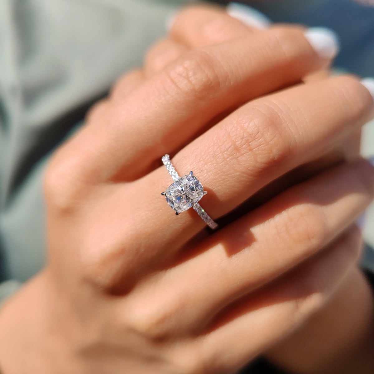 Cushion Diamond Fine Pavé Band Engagement Ring