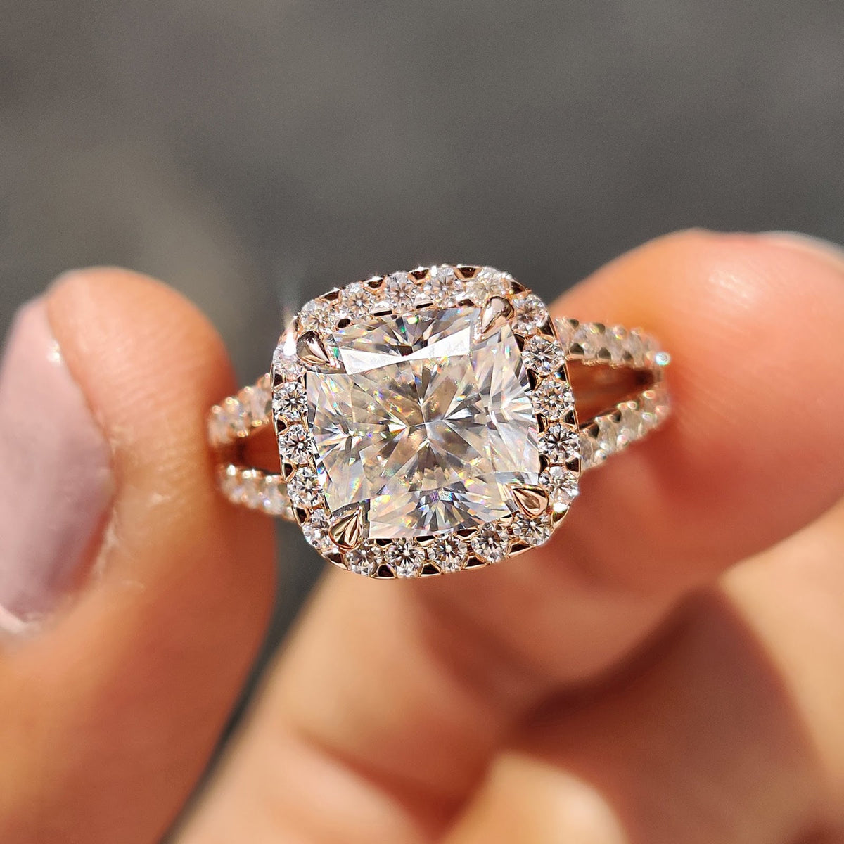 Cushion Diamond Halo Split Shank Engagement Ring