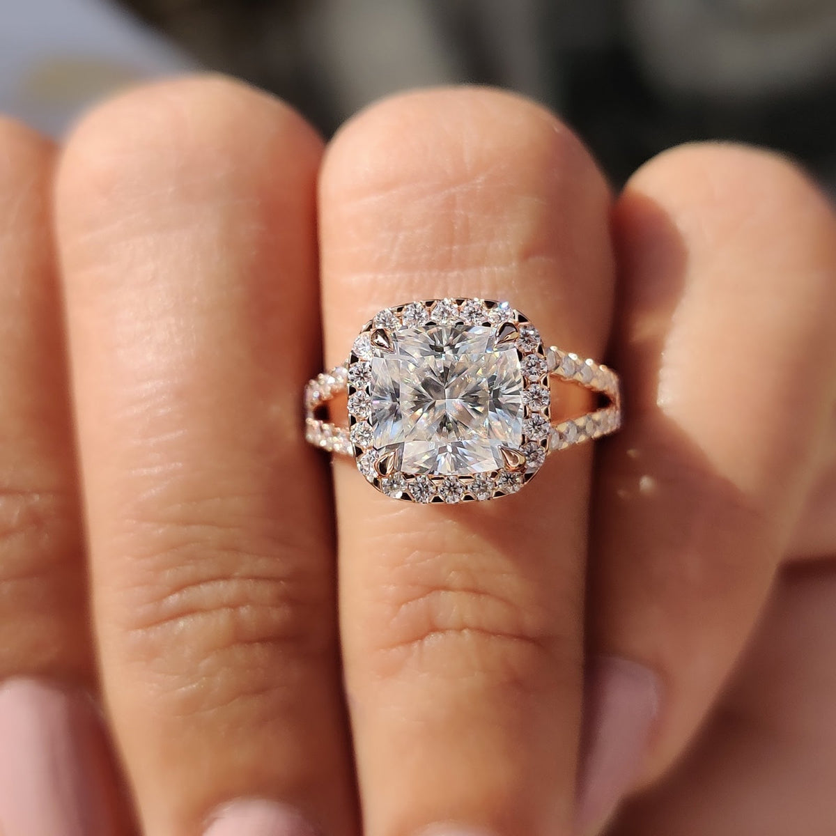 Cushion Diamond Halo Split Shank Engagement Ring