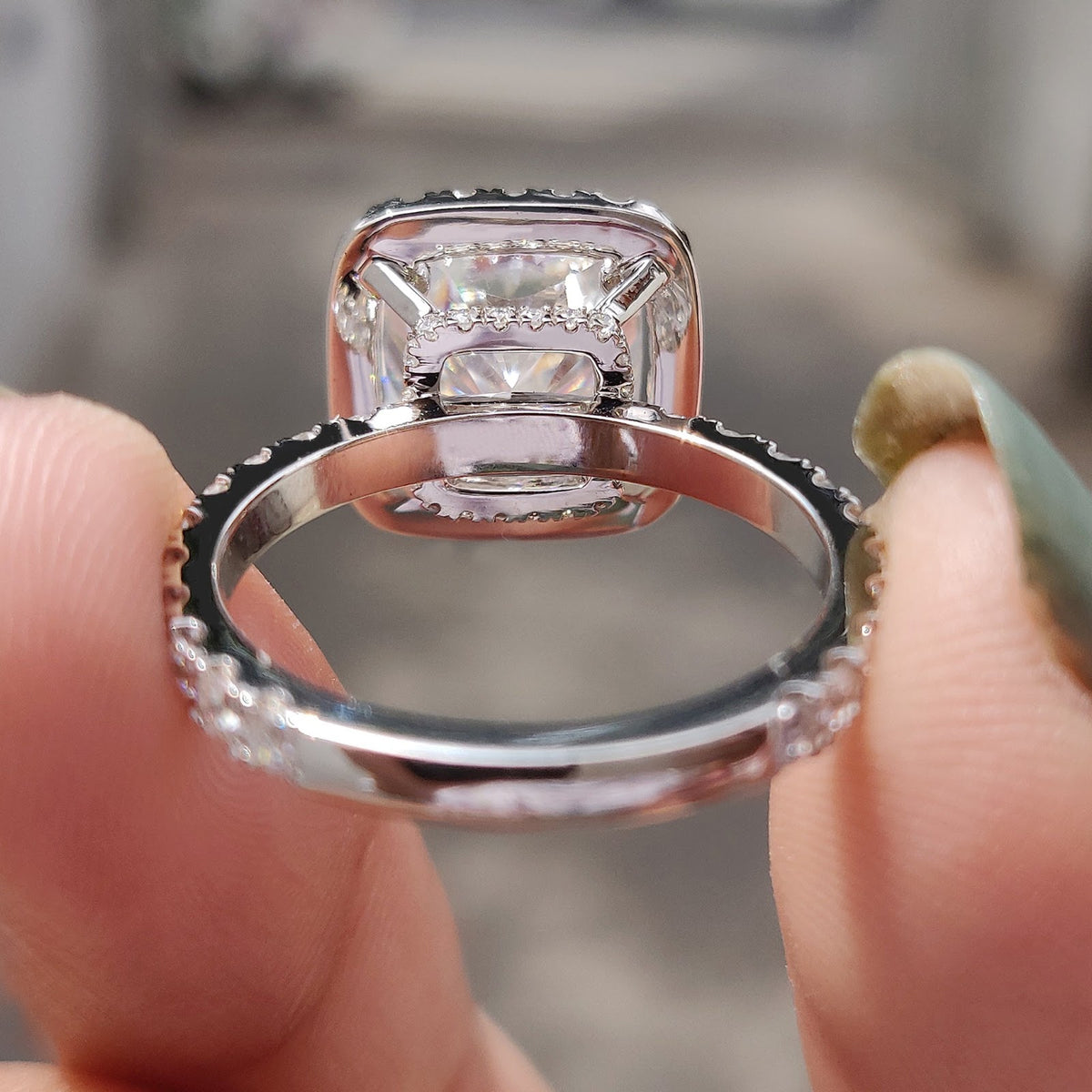 Cushion Diamond Hidden Halo Double Pavé Engagement Ring
