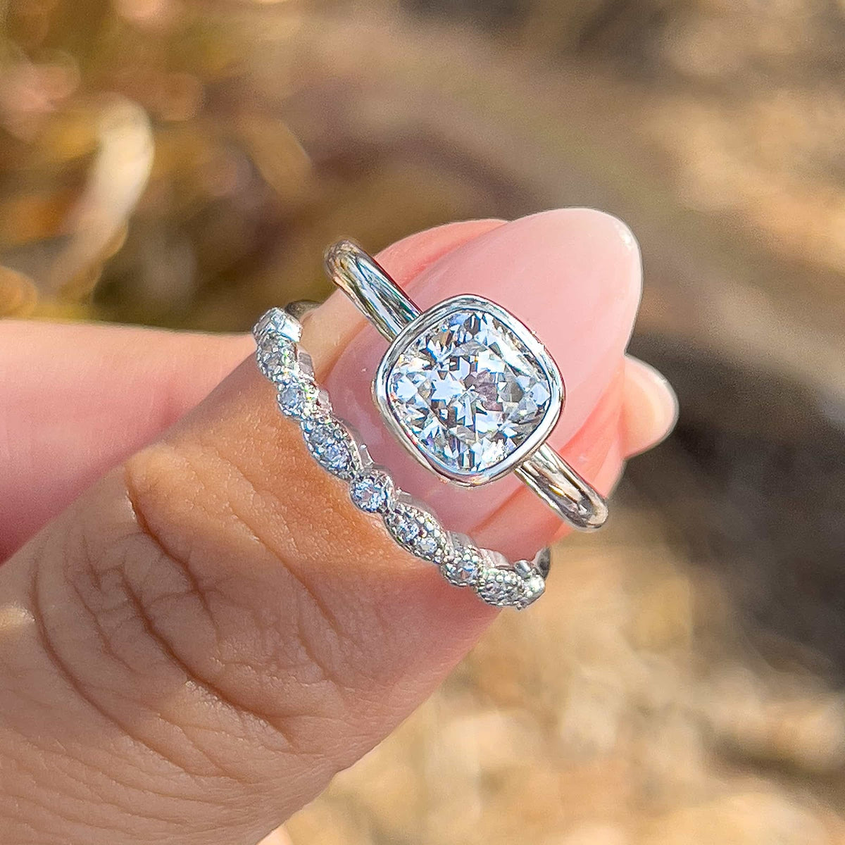 Cushion Diamond Minimal Bezel Solitaire Engagement Ring