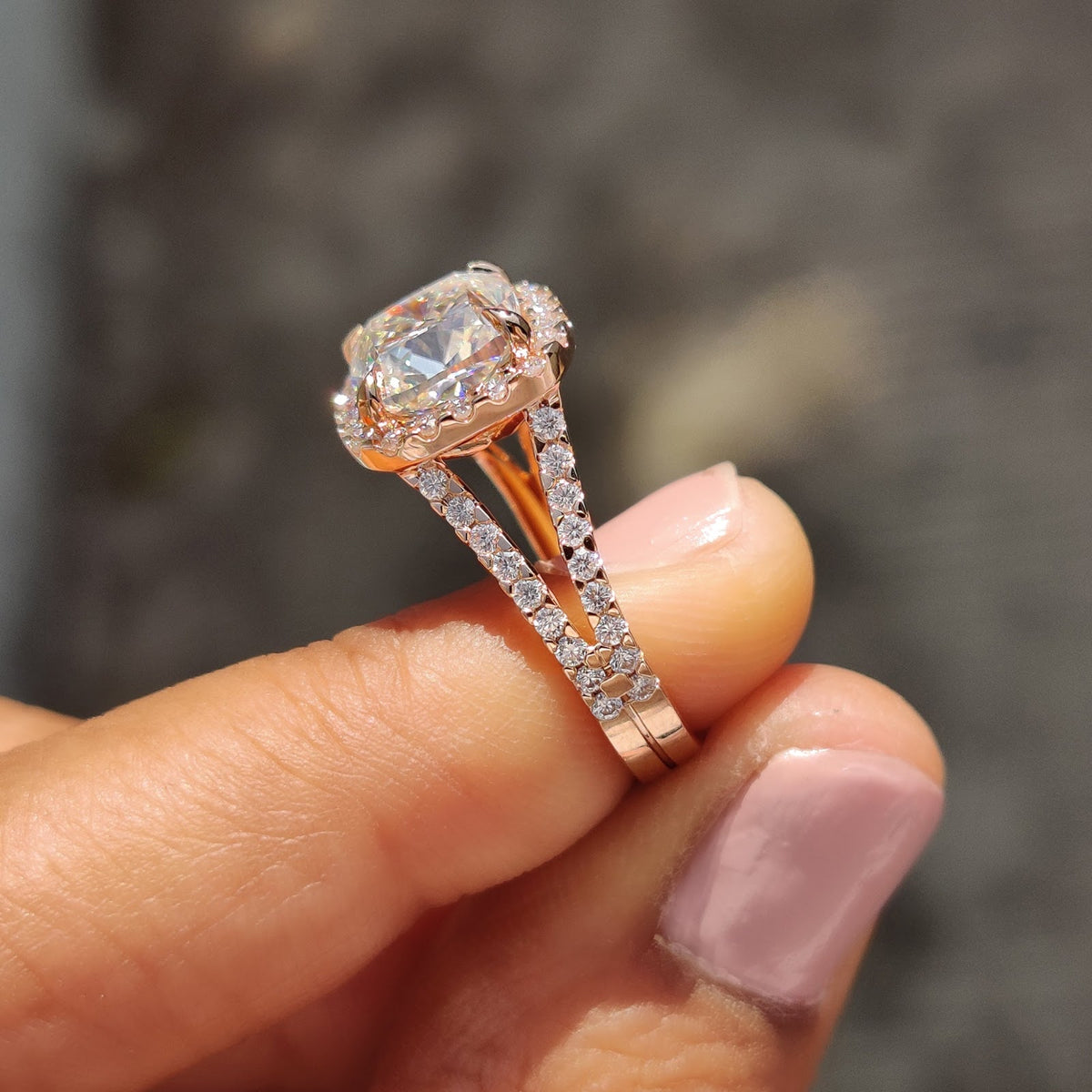 Cushion Diamond Pure Halo Split Shank Pavé Engagement Ring