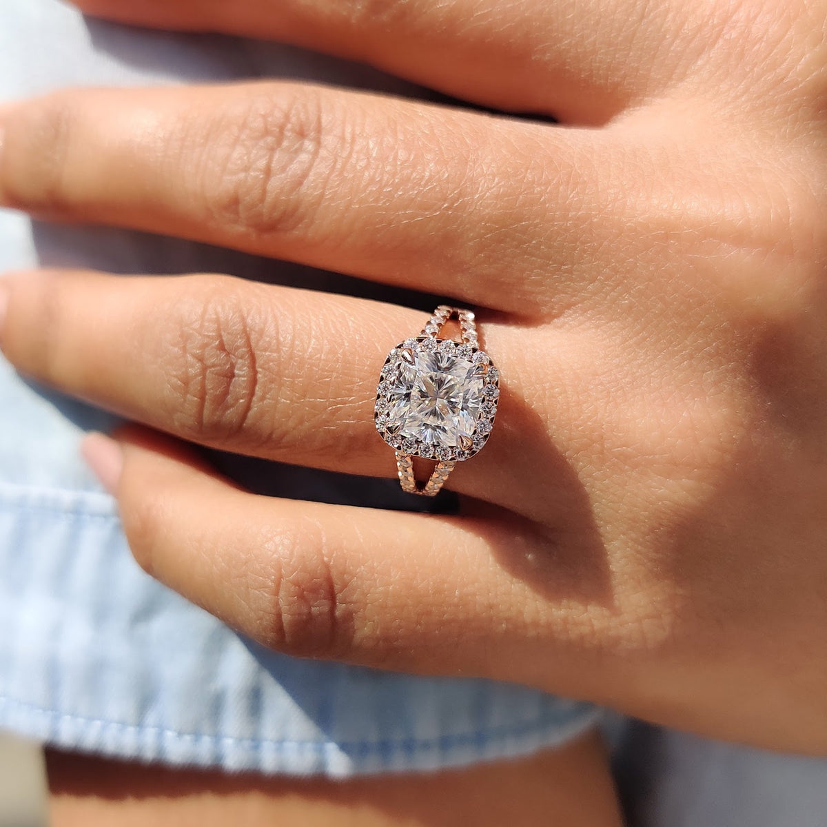 Cushion Diamond Pure Halo Split Shank Pavé Engagement Ring