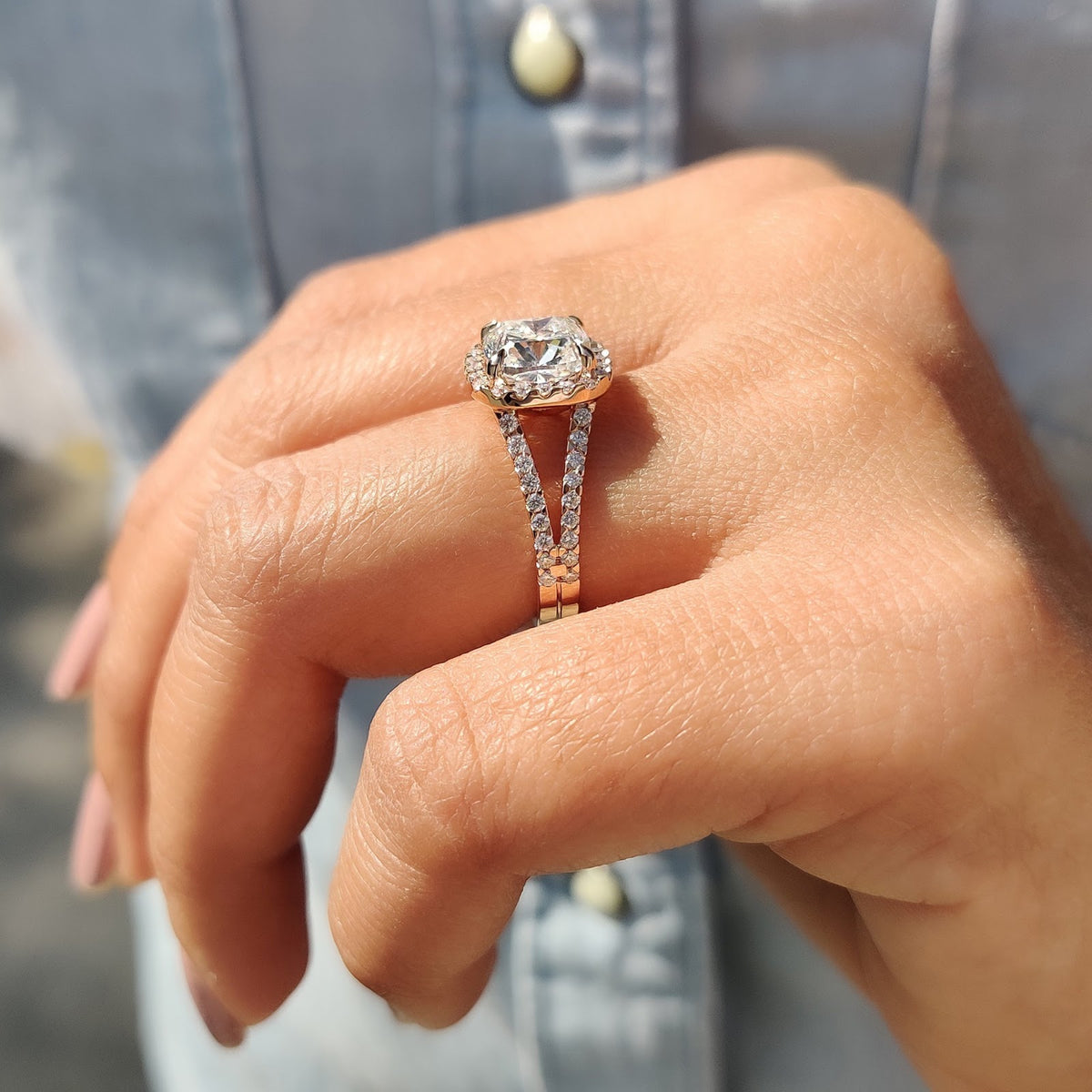 Cushion Diamond Pure Halo Split Shank Pavé Engagement Ring