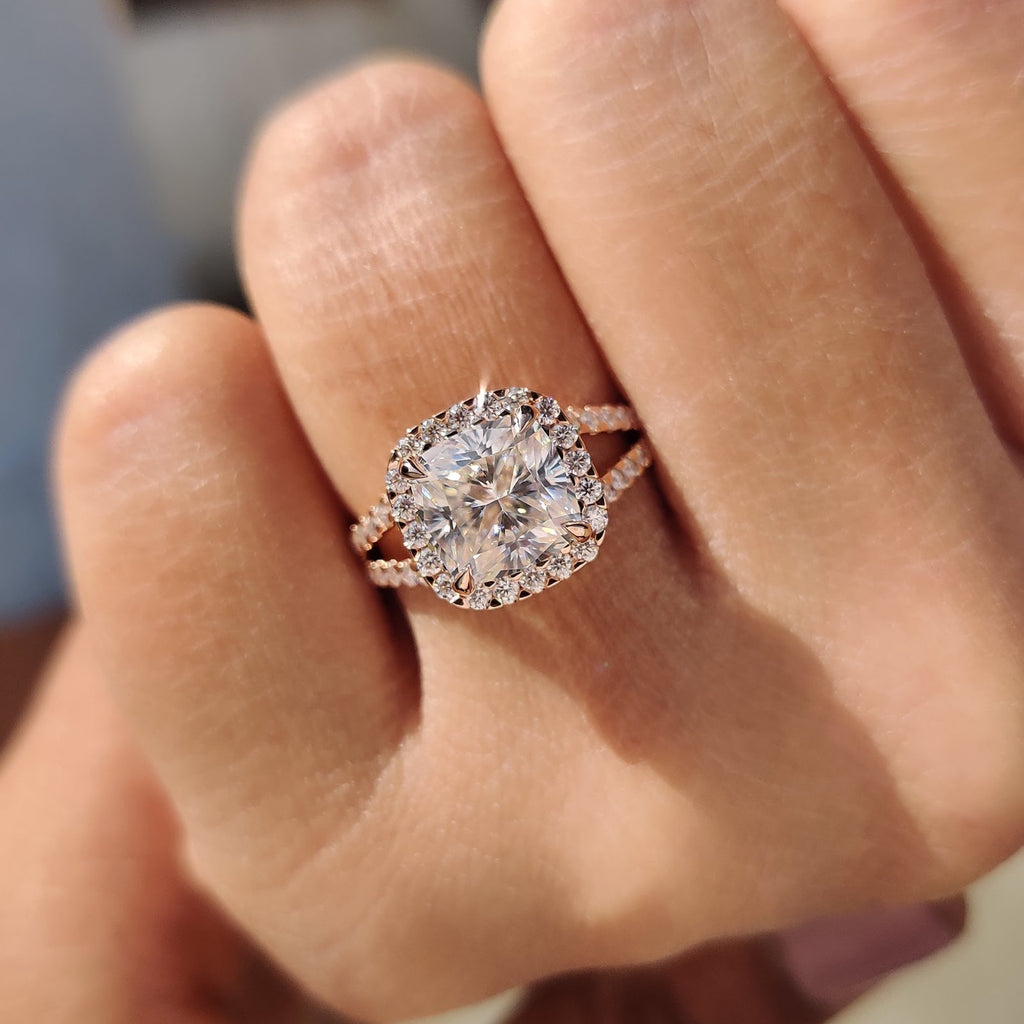 Cushion Diamond Pure Halo Split Shank Pavé Engagement Ring