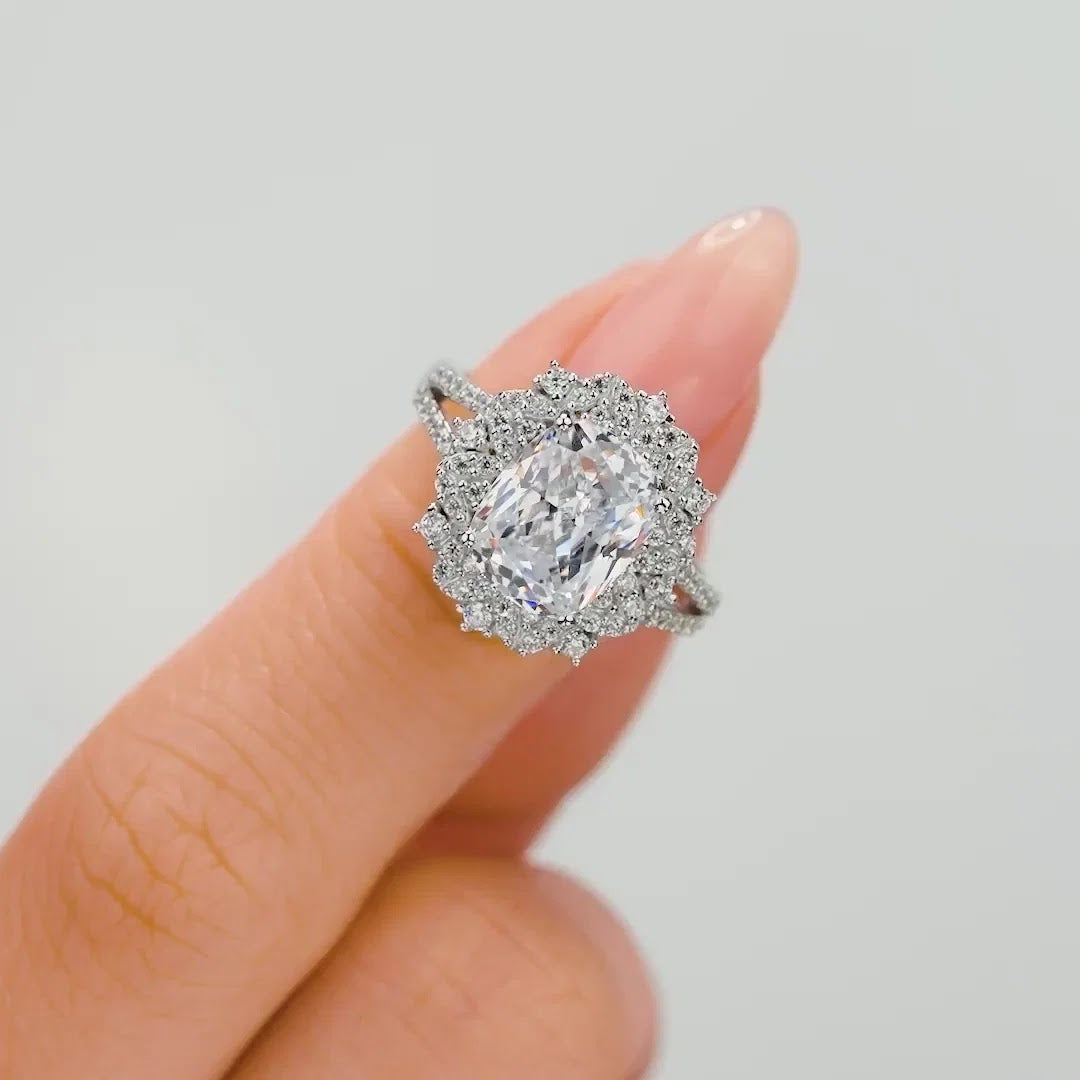 Cushion Diamond Split Shank Halo Pavé Engagement Ring