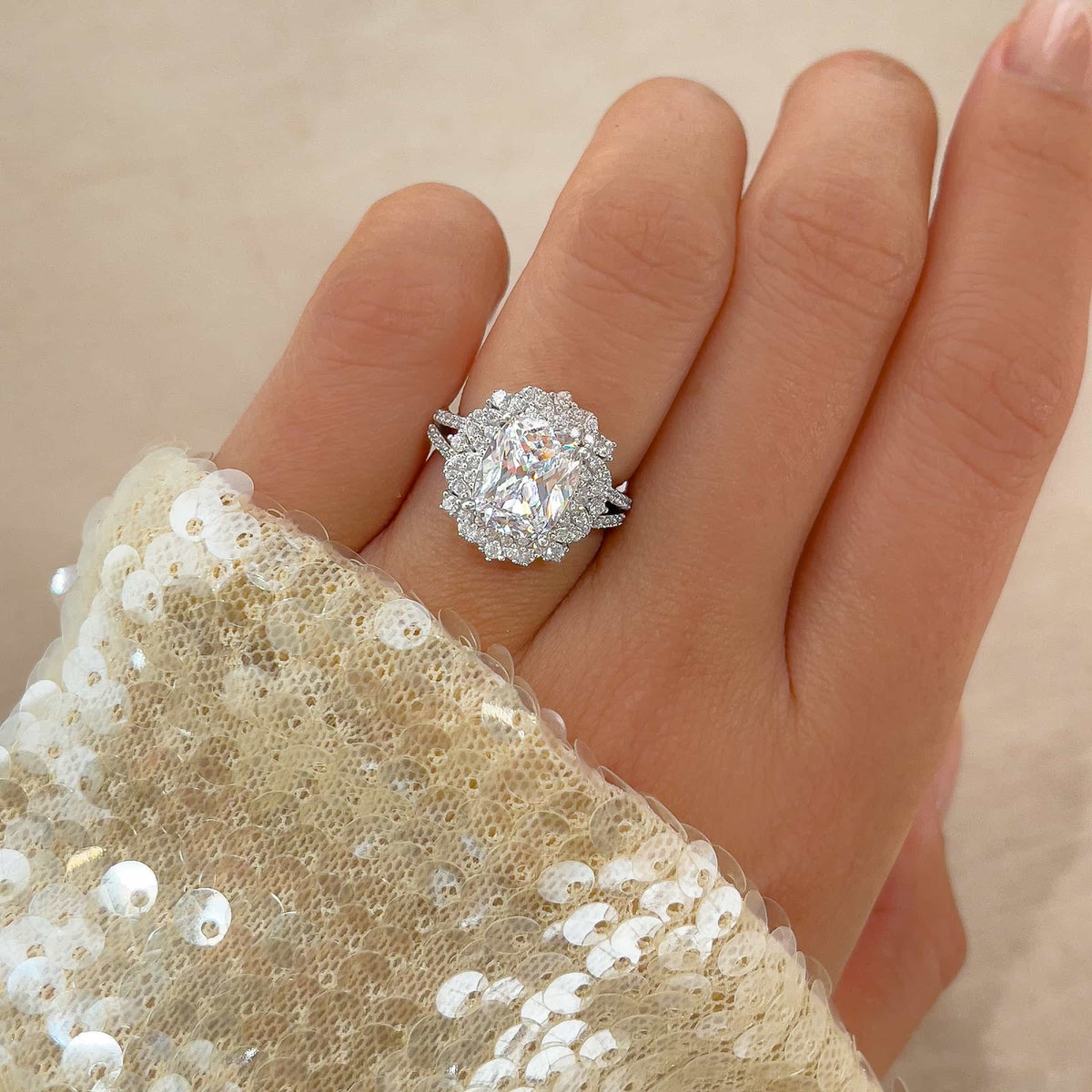 Cushion Diamond Split Shank Halo Pavé Engagement Ring