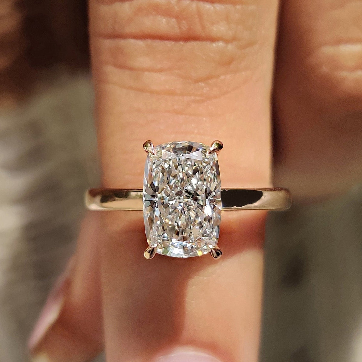 Elongated Cushion Diamond Classic Solitaire Engagement Ring